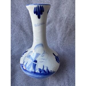 Delft Blue Hand Painted Windmill Bud Vase Holland Ceramic Blue White 5.5"